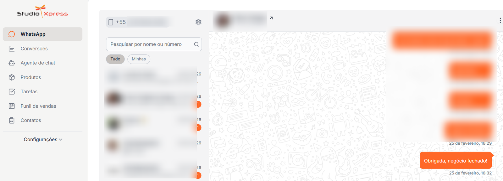 Interface do CRM Plataforma SX com WhatsApp integrado